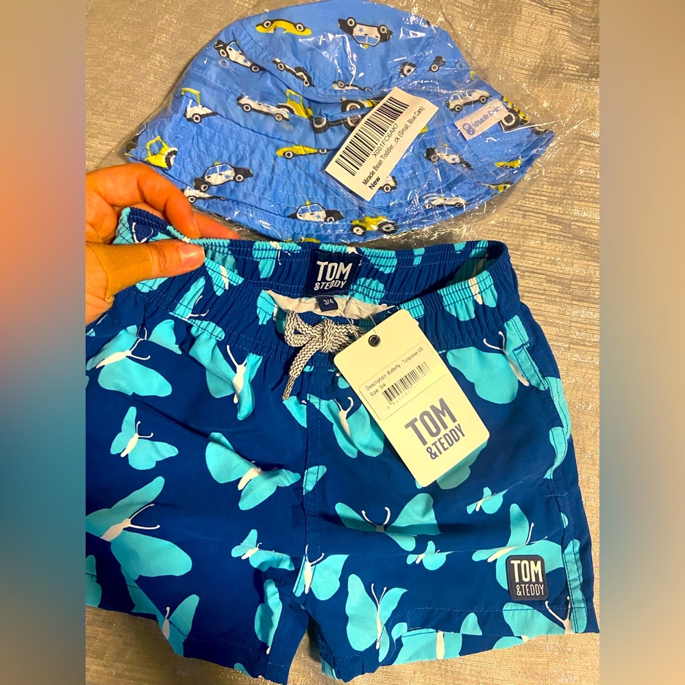 Tom & Teddy Boys Bathing Suit Trunks with back pocket NWT comes with a free hat